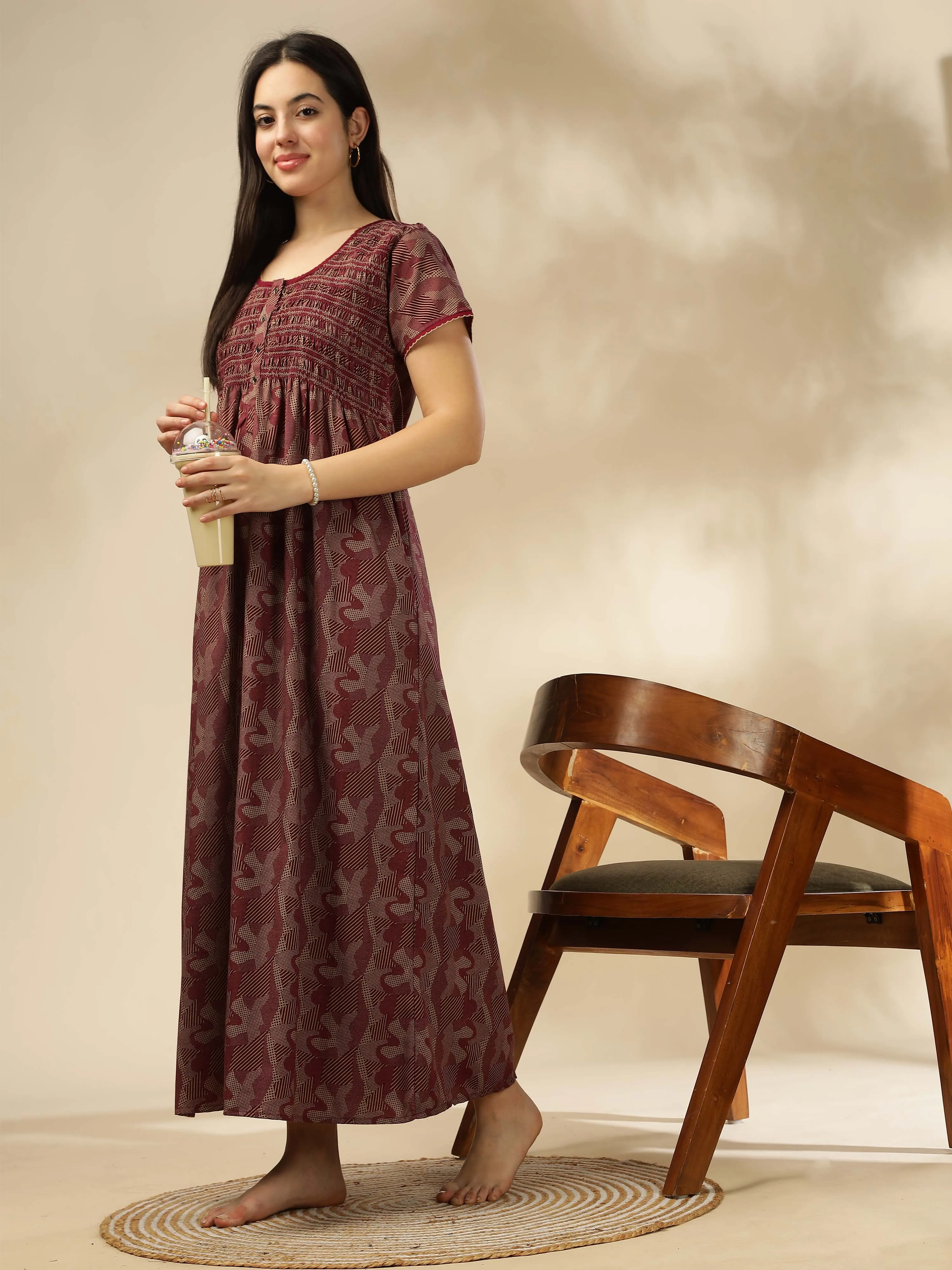 Maroon Smokey Floral Maxi Nighty – Luxurious Nightwear