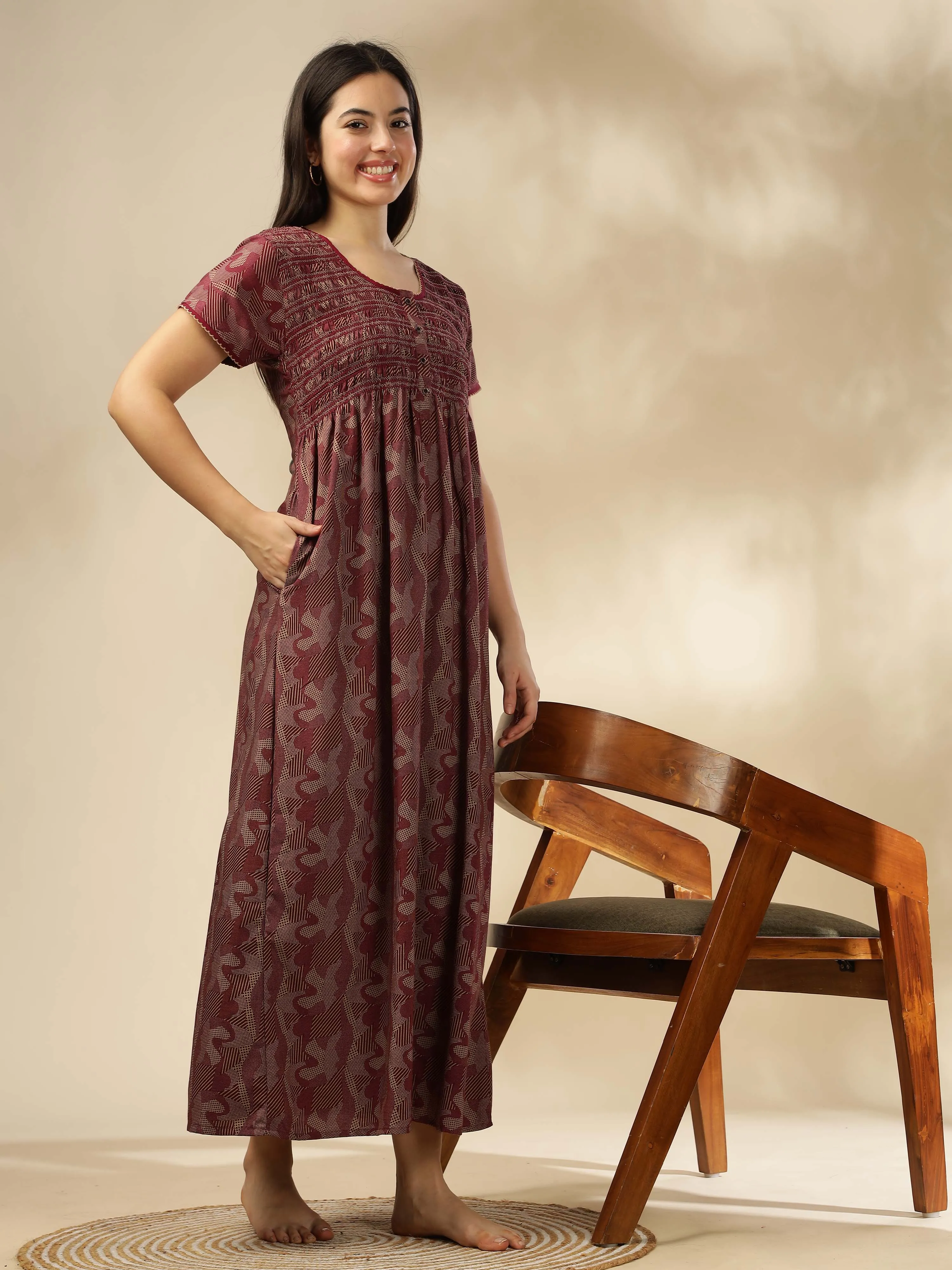 Maroon Smokey Floral Maxi Nighty – Luxurious Nightwear