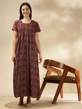 Maroon Smokey Floral Maxi Nighty – Luxurious Nightwear