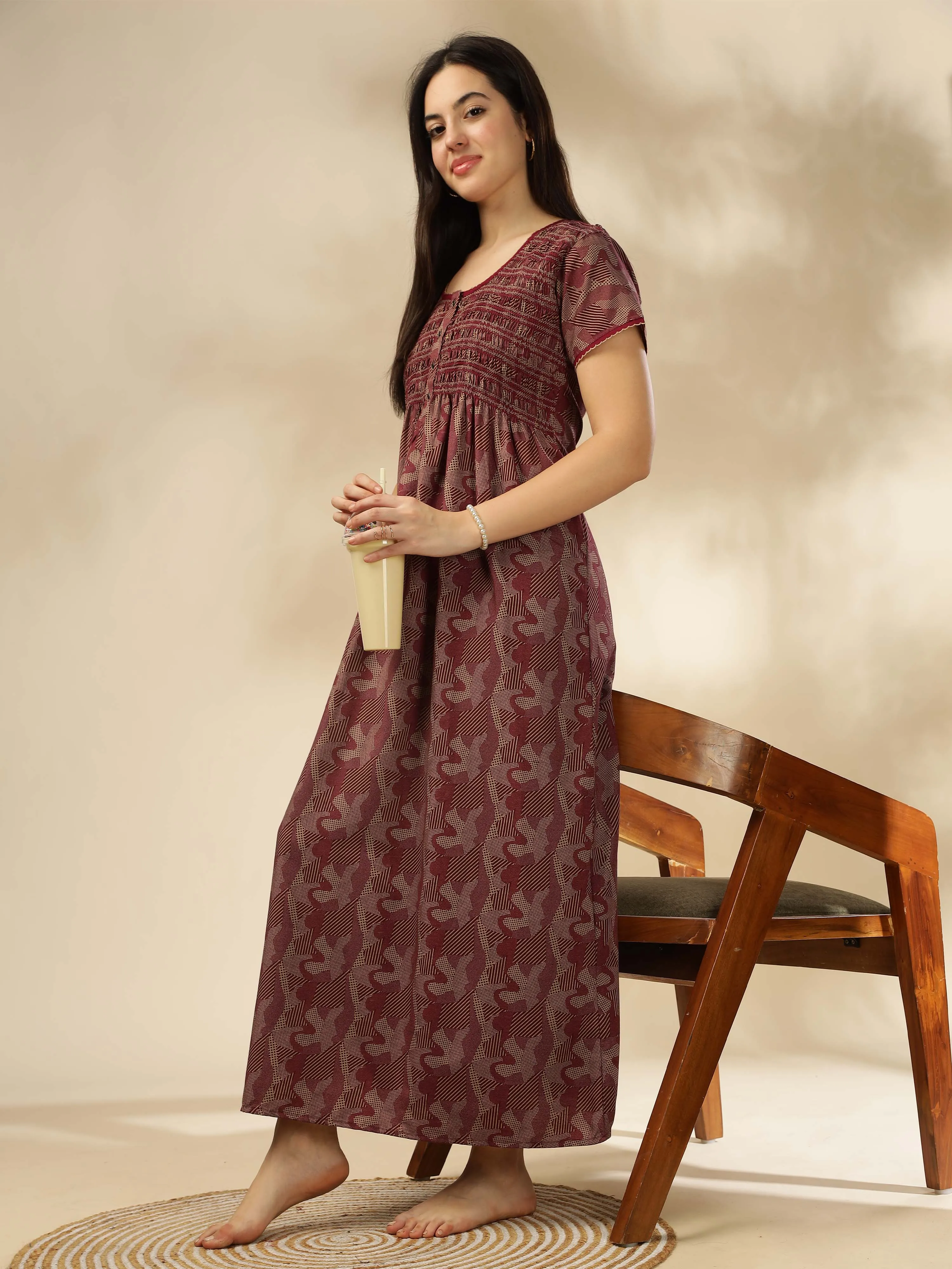 Maroon Smokey Floral Maxi Nighty – Luxurious Nightwear