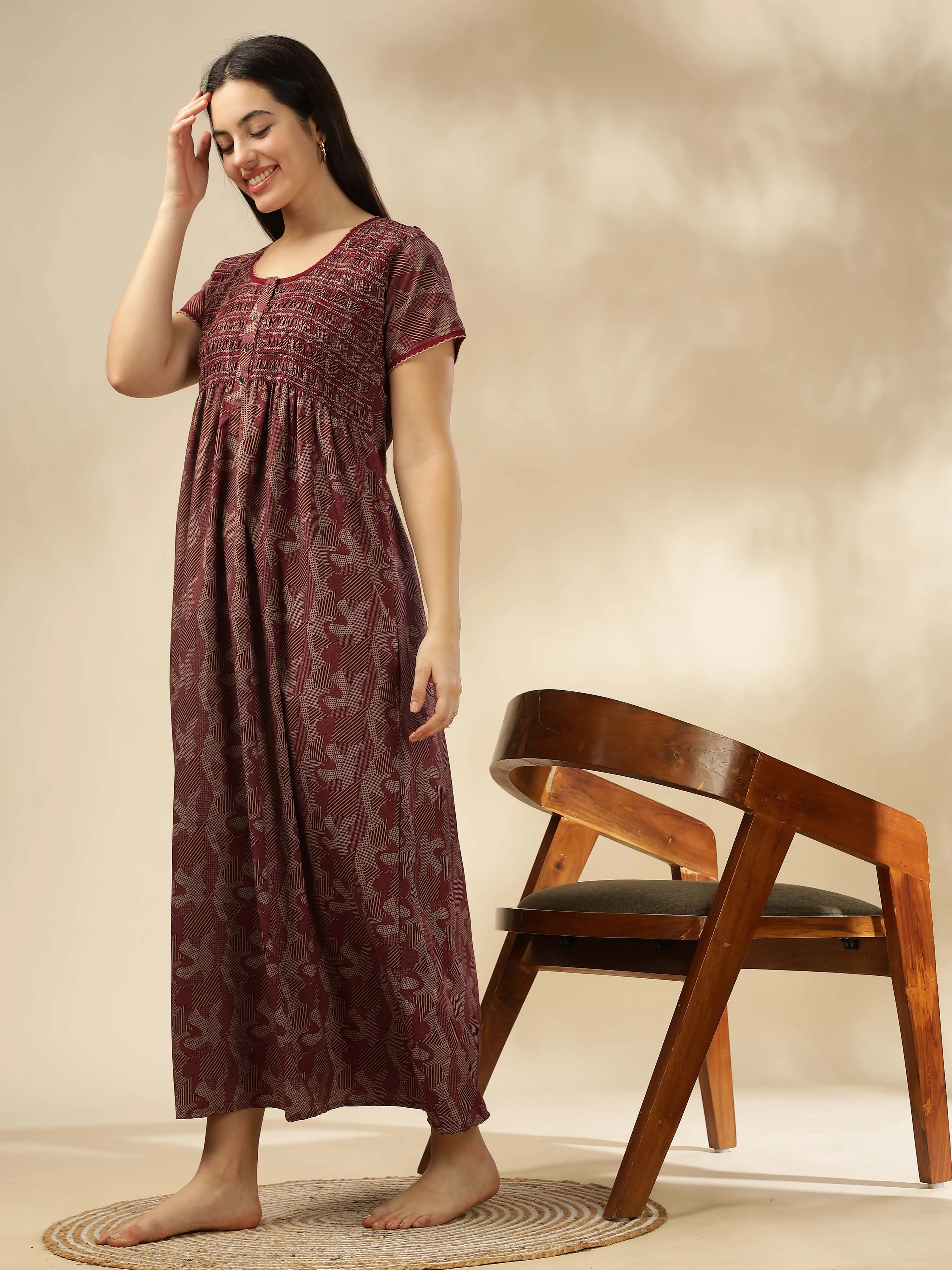 Maroon Smokey Floral Maxi Nighty – Luxurious Nightwear