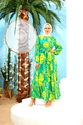 Maui Lime Green Maxi Dress with Detailed Side Design and Long Sleeves