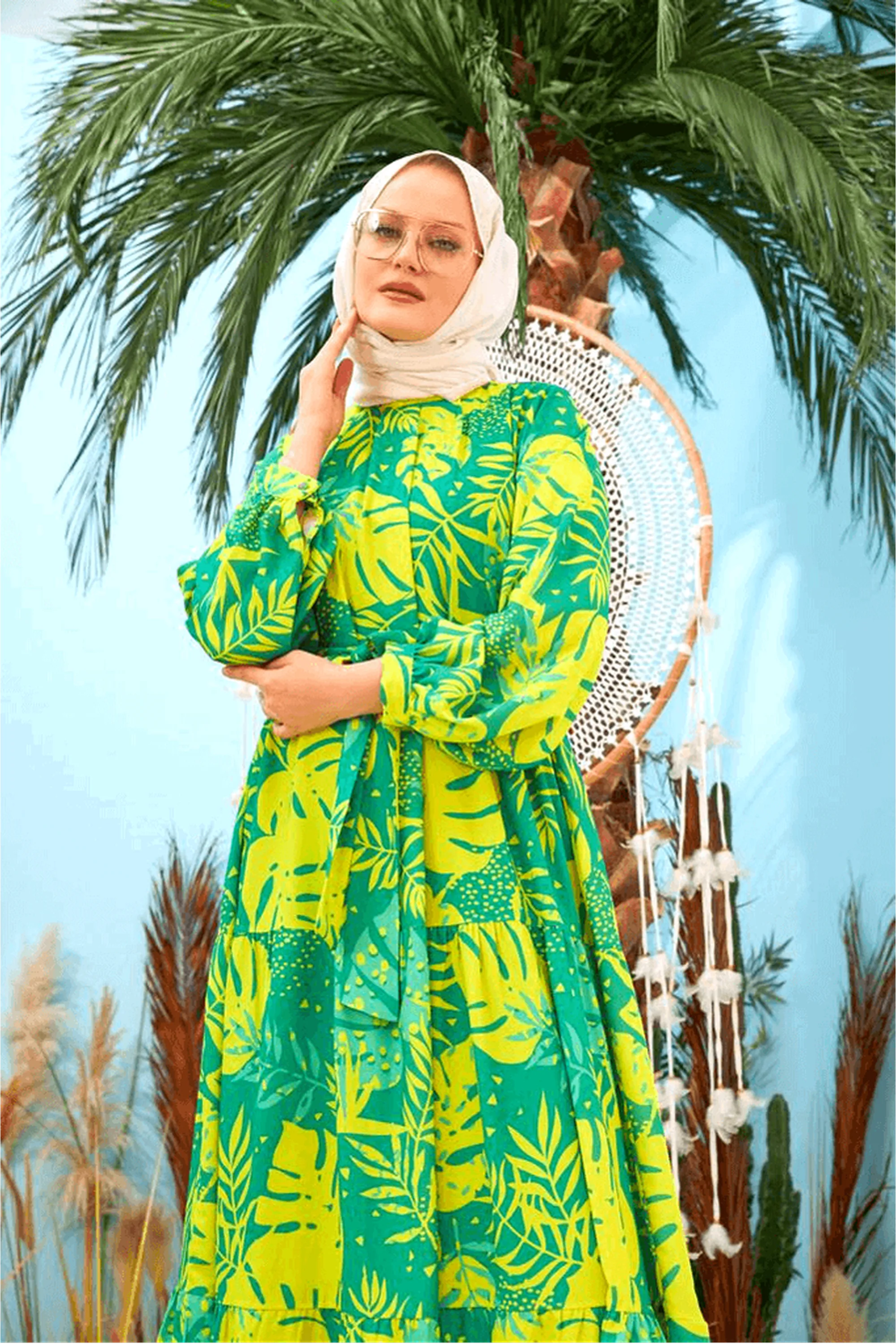 Maui Lime Green Maxi Dress with Detailed Side Design and Long Sleeves