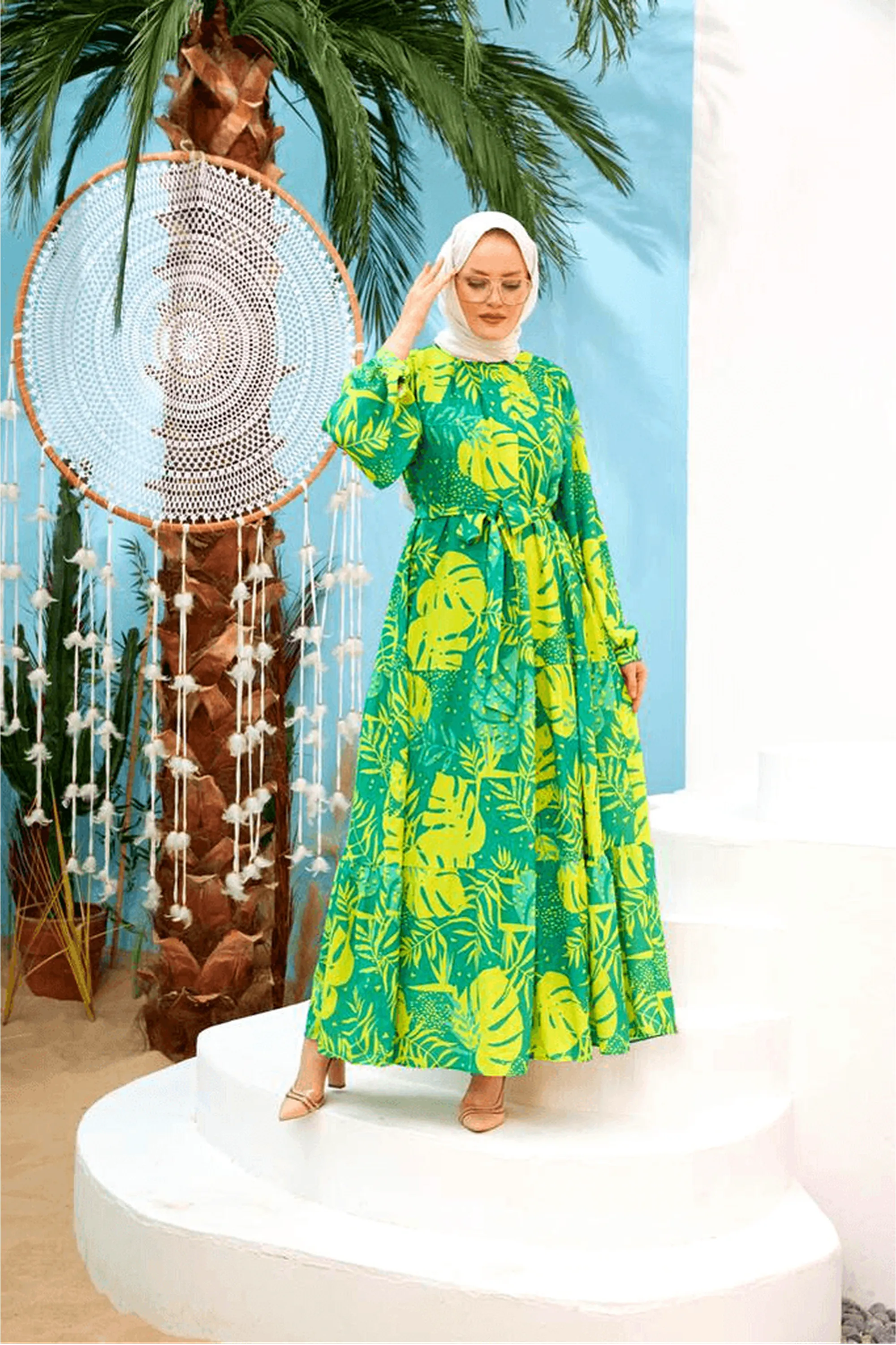 Maui Lime Green Maxi Dress with Detailed Side Design and Long Sleeves