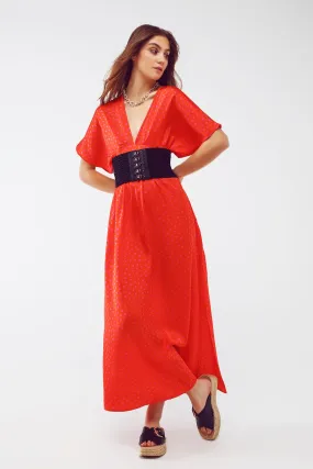 Maxi Cinched At The Waist Dress With Angel Sleeves In Red Polka Dot