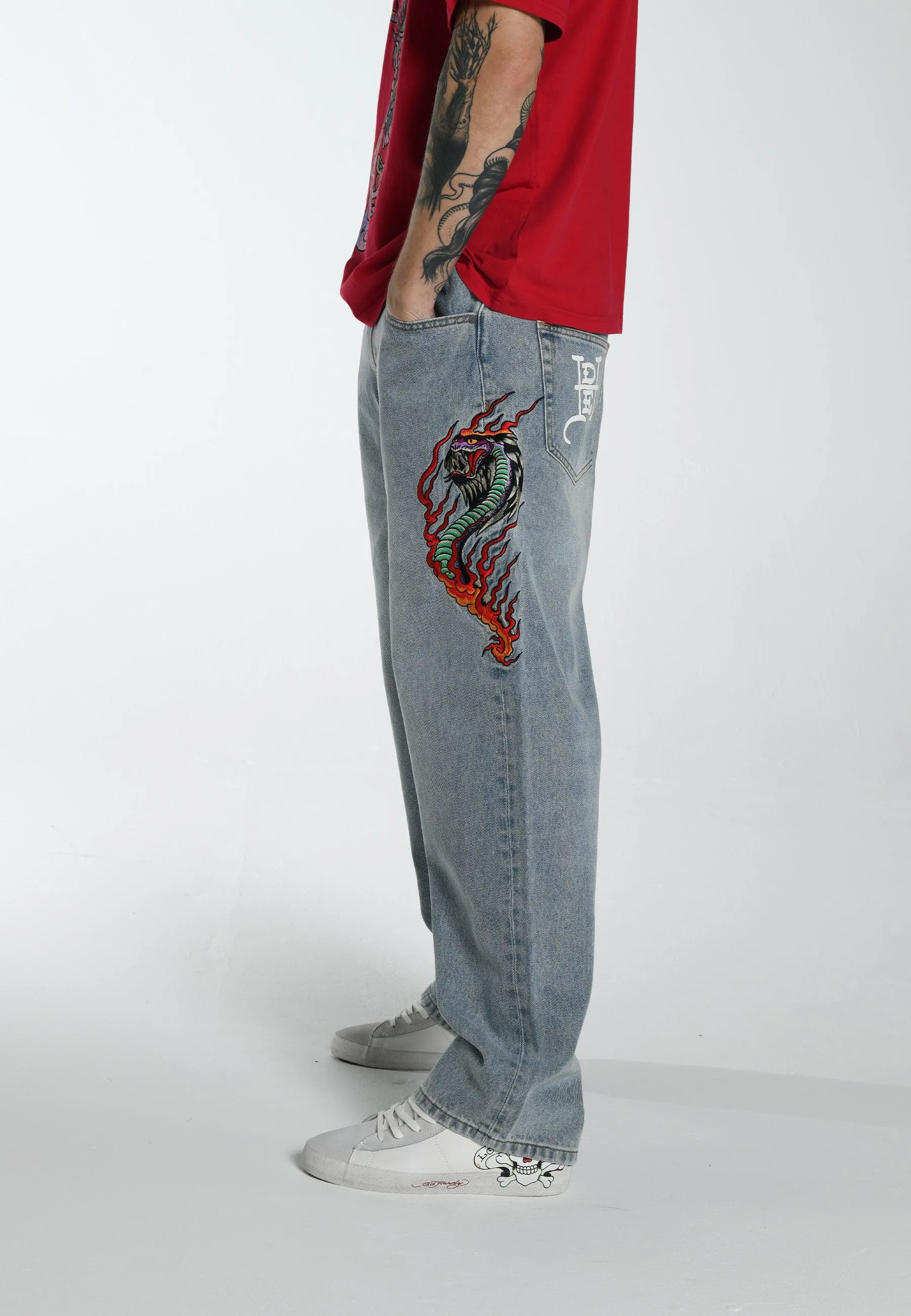 Mens Flamer-Snake Baggy Jeans - Bleach