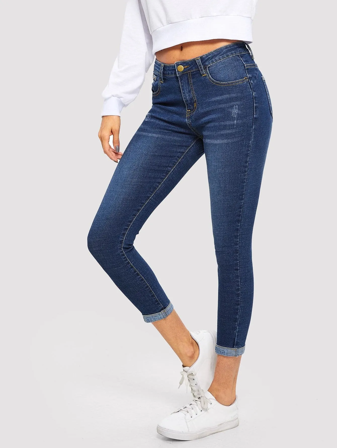 Mid Waist Bleach Wash Skinny Crop Jeans