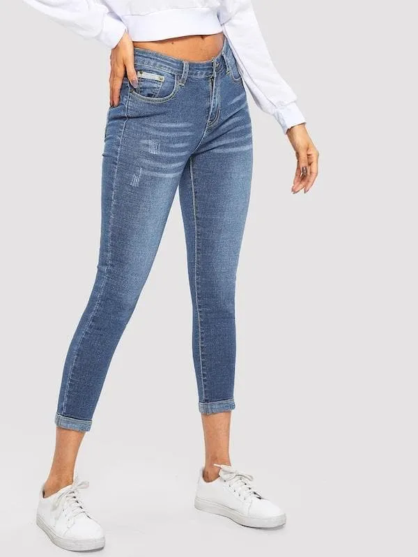 Mid Waist Bleach Wash Skinny Crop Jeans