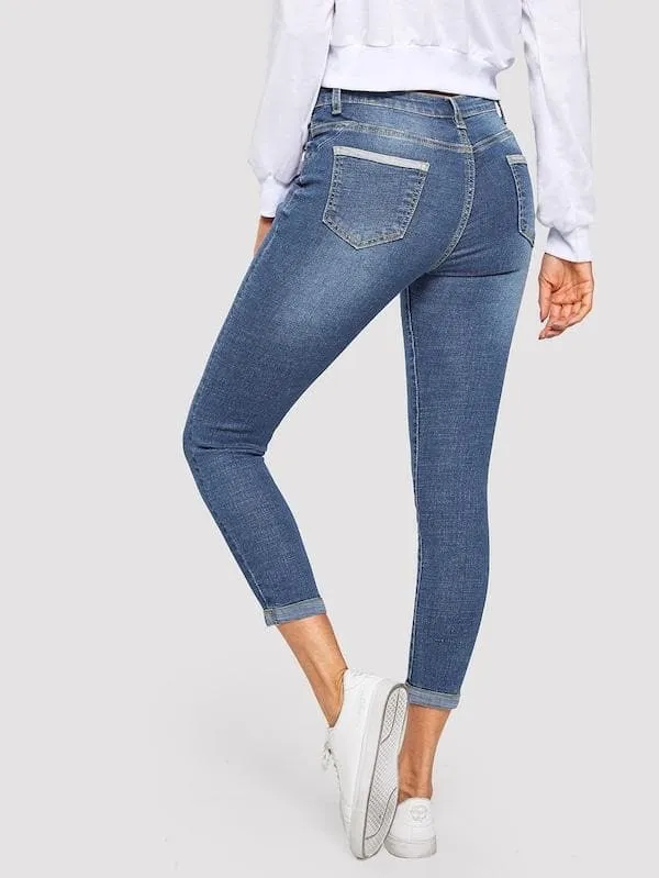 Mid Waist Bleach Wash Skinny Crop Jeans