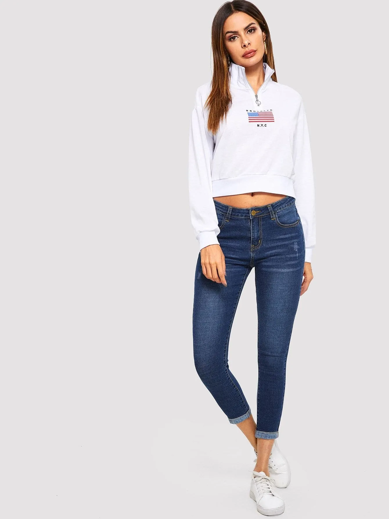 Mid Waist Bleach Wash Skinny Crop Jeans