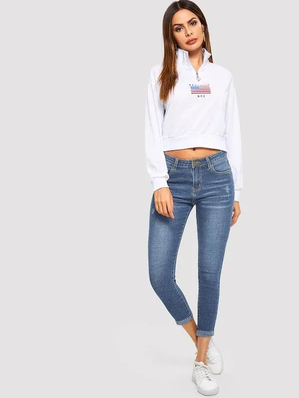 Mid Waist Bleach Wash Skinny Crop Jeans