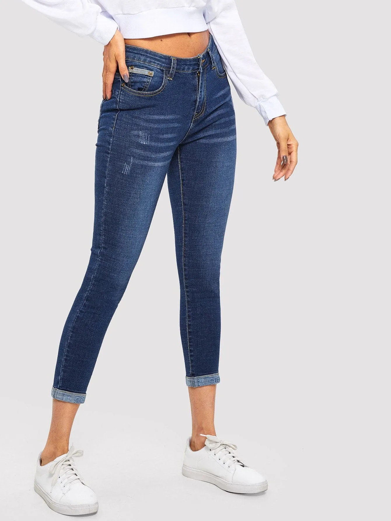 Mid Waist Bleach Wash Skinny Crop Jeans