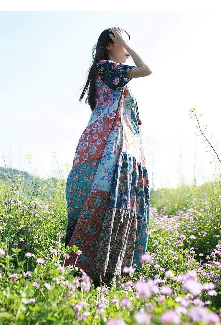 Multicolor Random Patchwork Hippie Dress