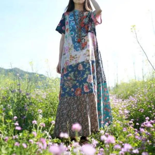 Multicolor Random Patchwork Hippie Dress