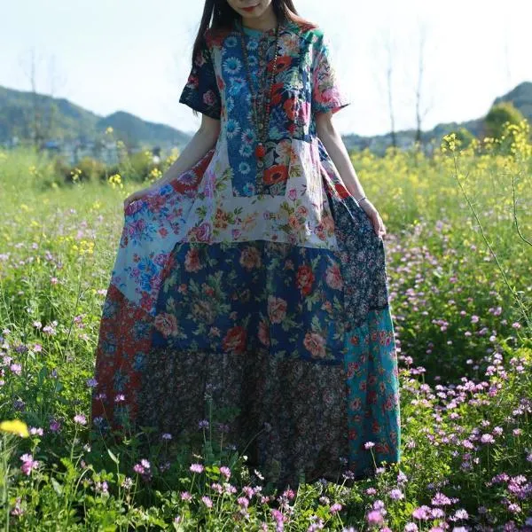 Multicolor Random Patchwork Hippie Dress