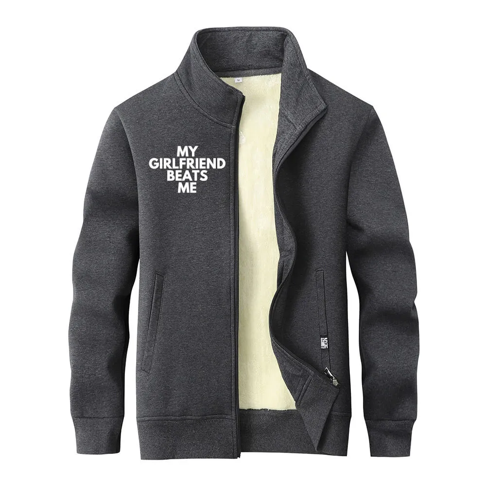 My Girlfriend Beats Me Fleece Sherpa Stand Collar Zip Cardigan