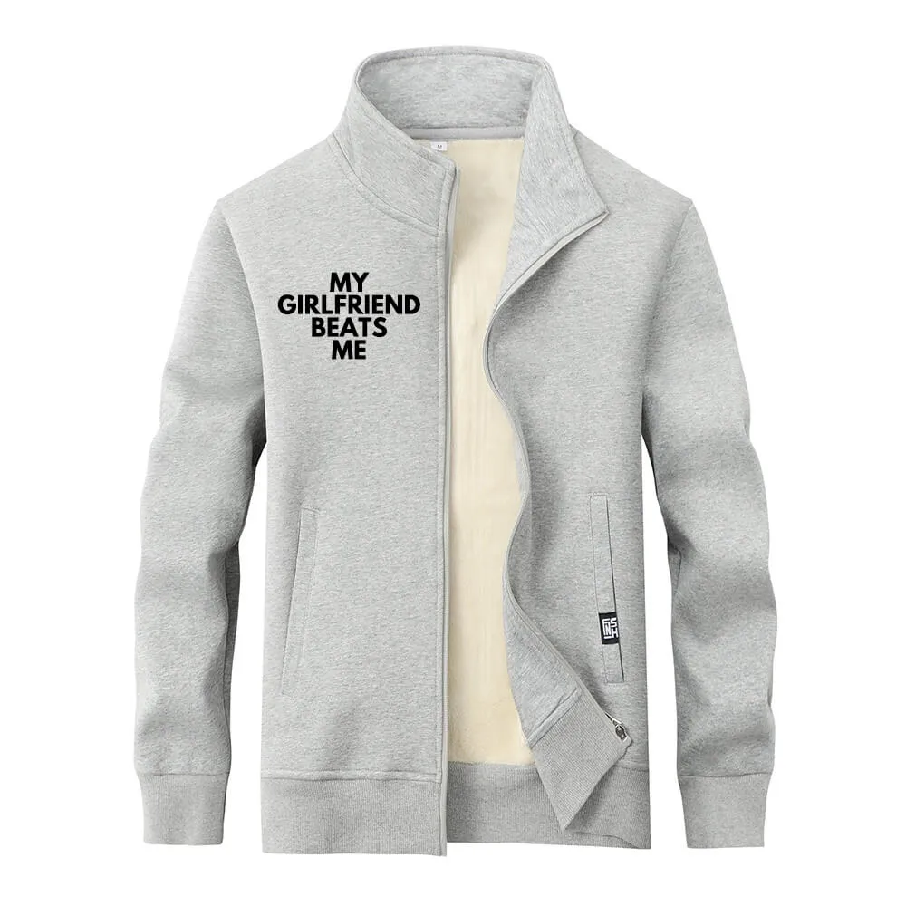 My Girlfriend Beats Me Fleece Sherpa Stand Collar Zip Cardigan