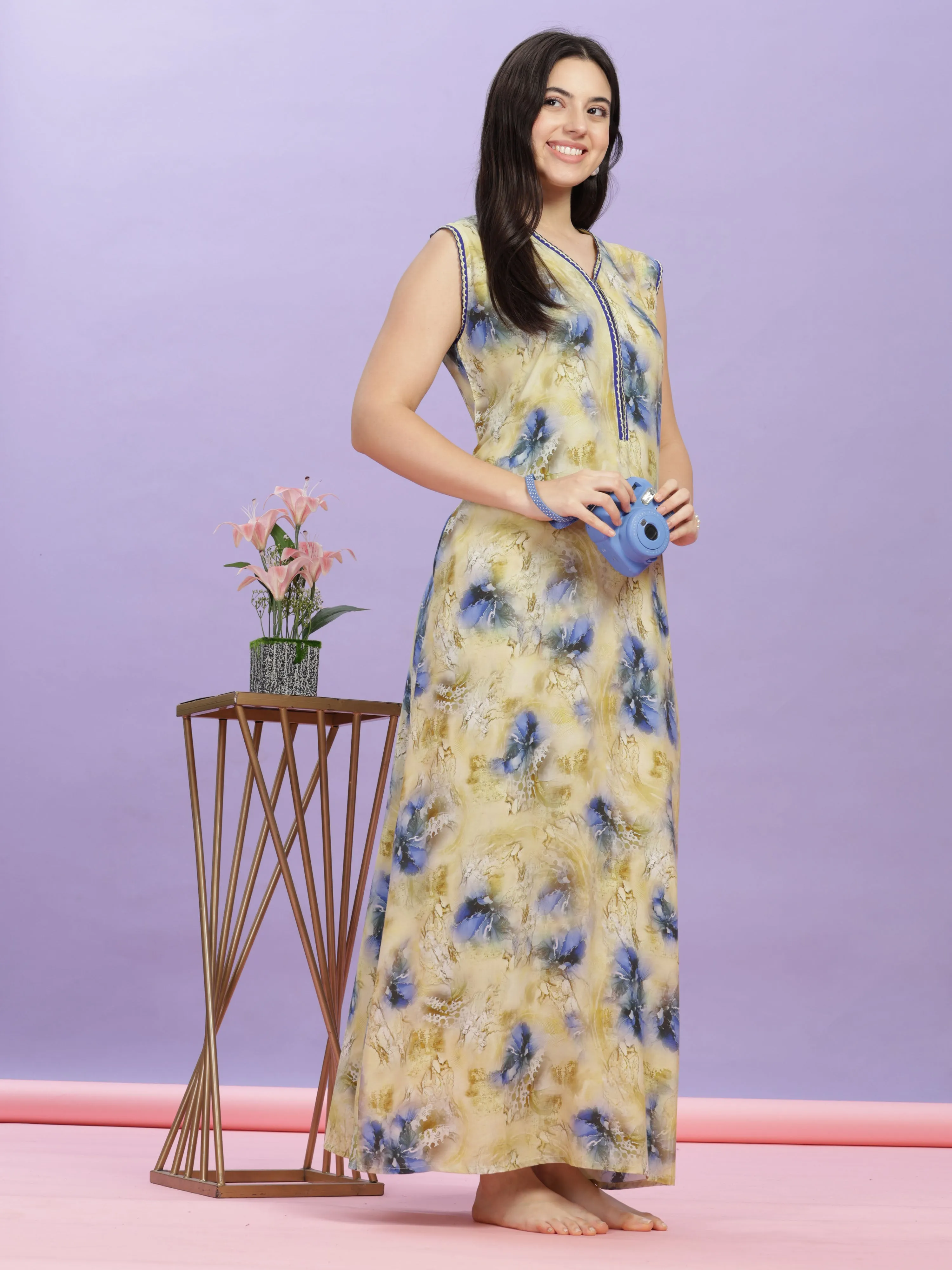 Mystic Yellow Sleeveless Rayon Maxi Dress - Perfect Nightwear