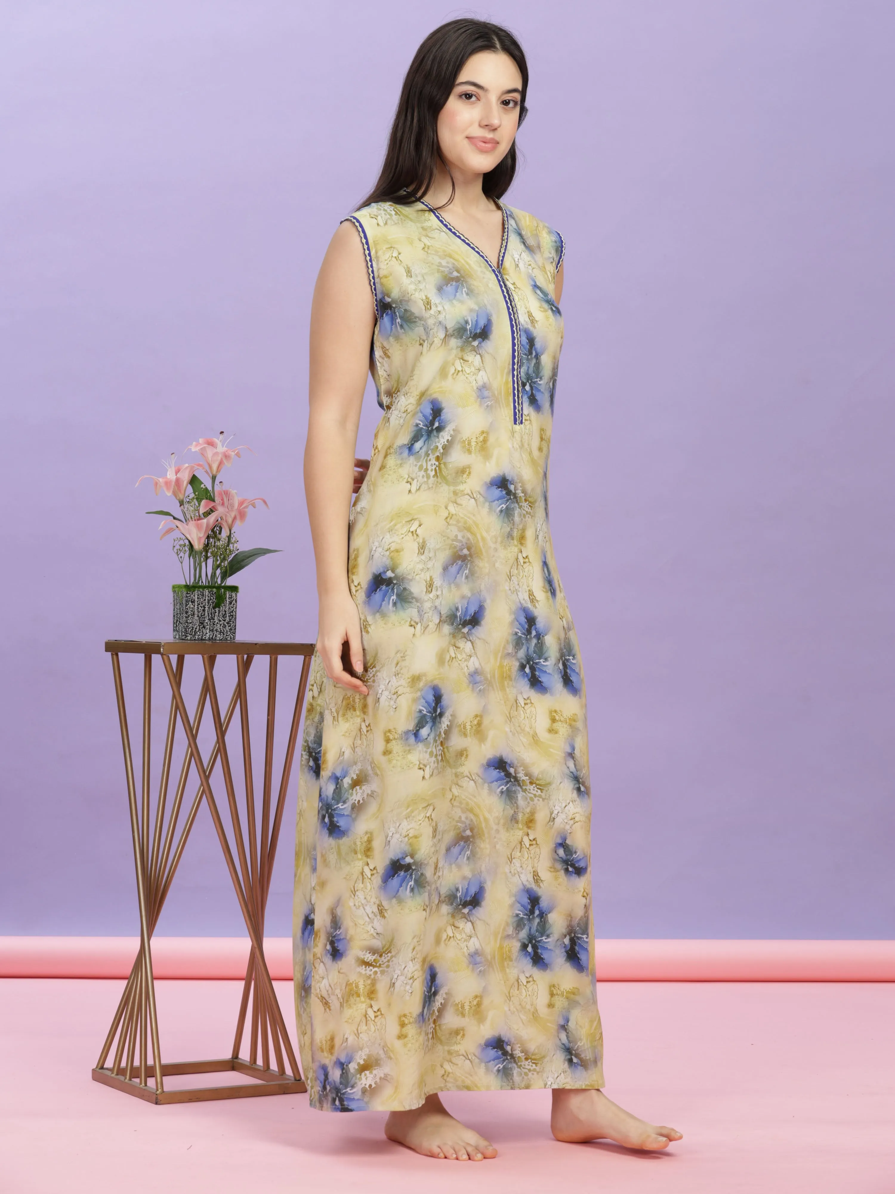 Mystic Yellow Sleeveless Rayon Maxi Dress - Perfect Nightwear