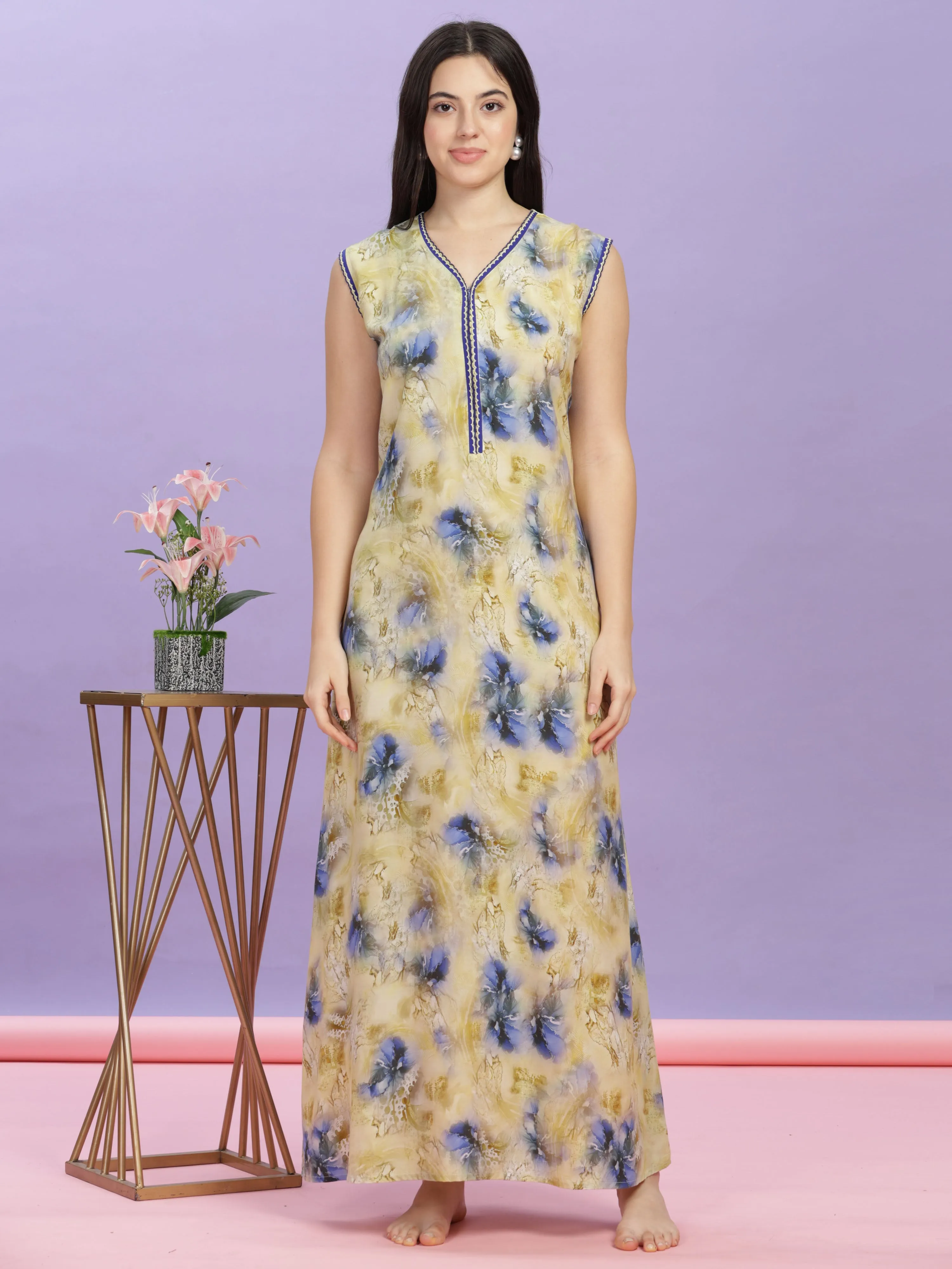 Mystic Yellow Sleeveless Rayon Maxi Dress - Perfect Nightwear