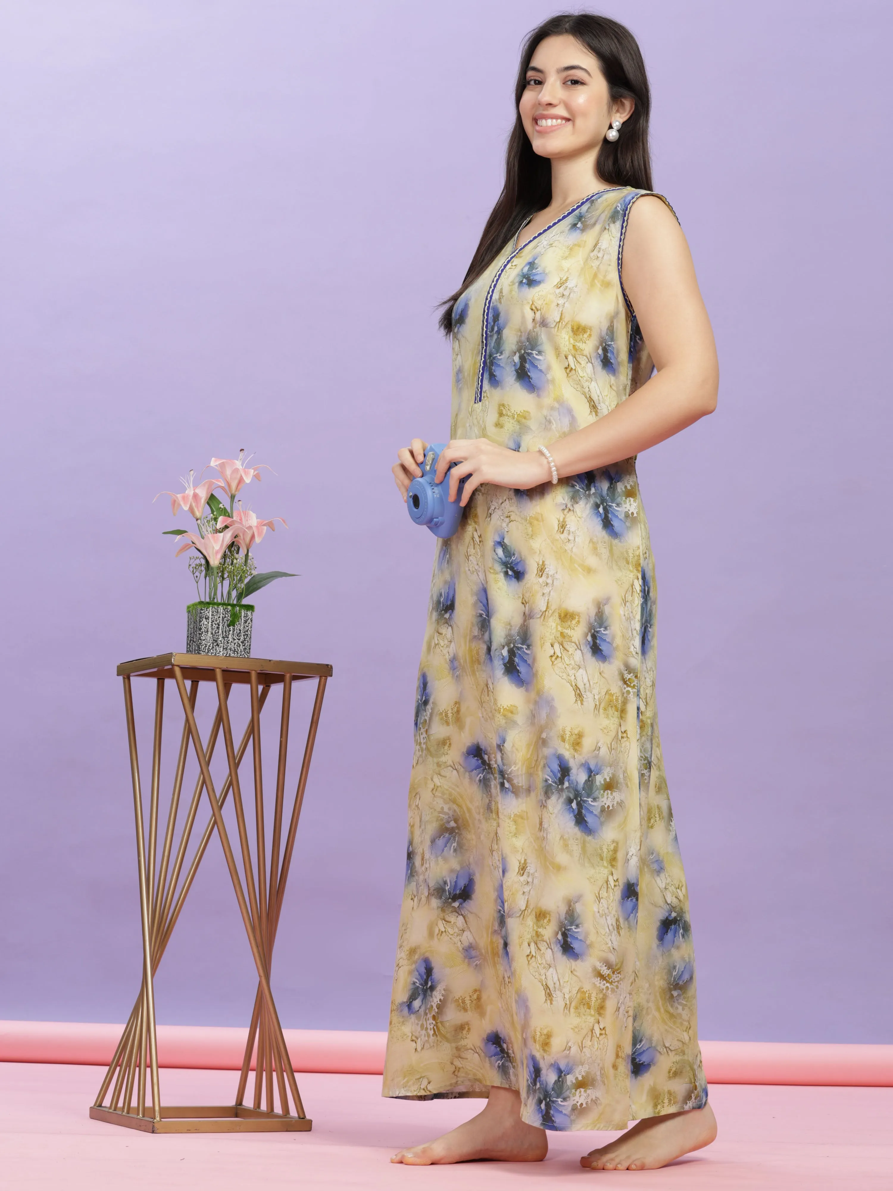 Mystic Yellow Sleeveless Rayon Maxi Dress - Perfect Nightwear