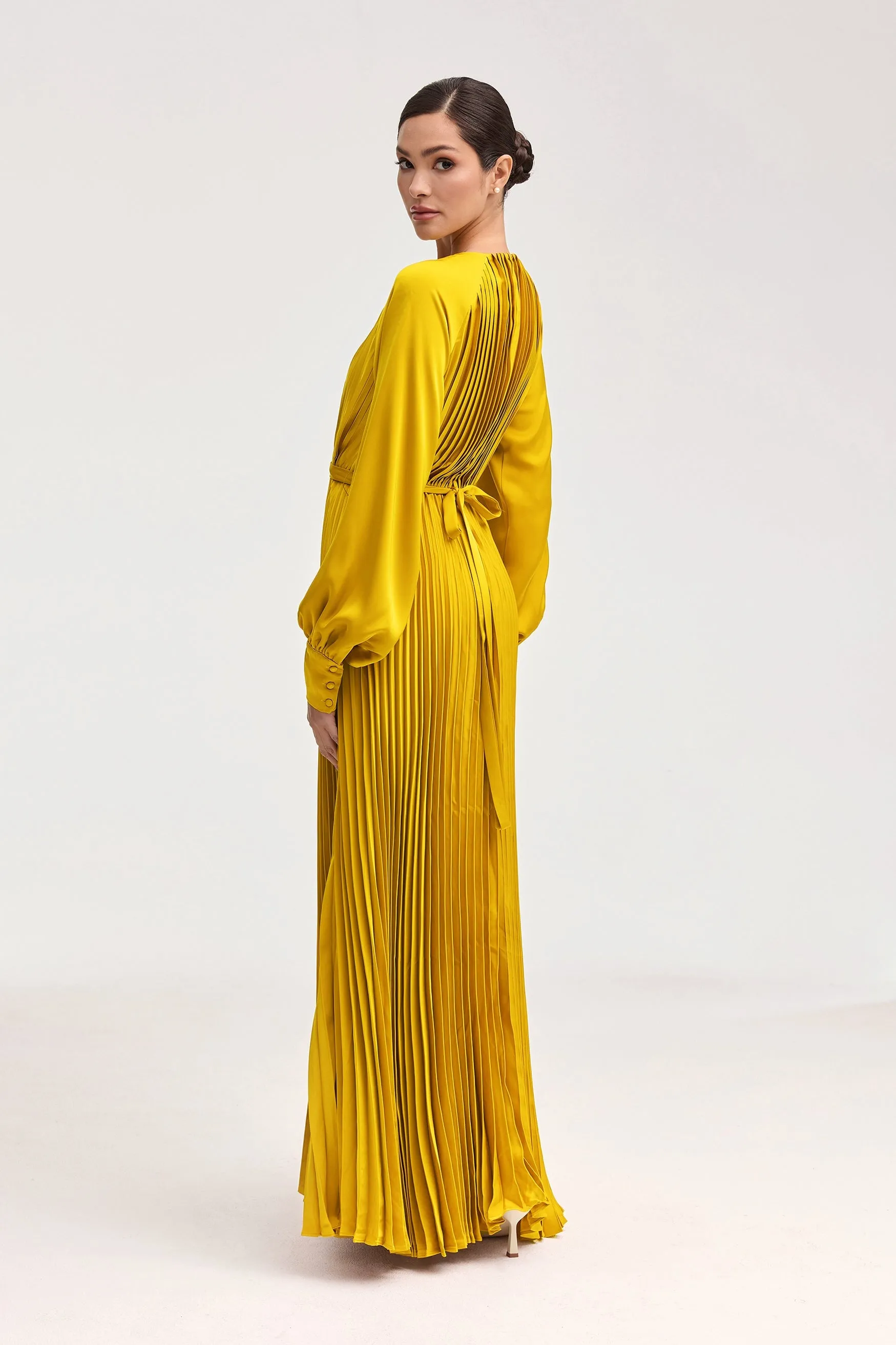 Nadira Satin Pleated Maxi Dress - Honey