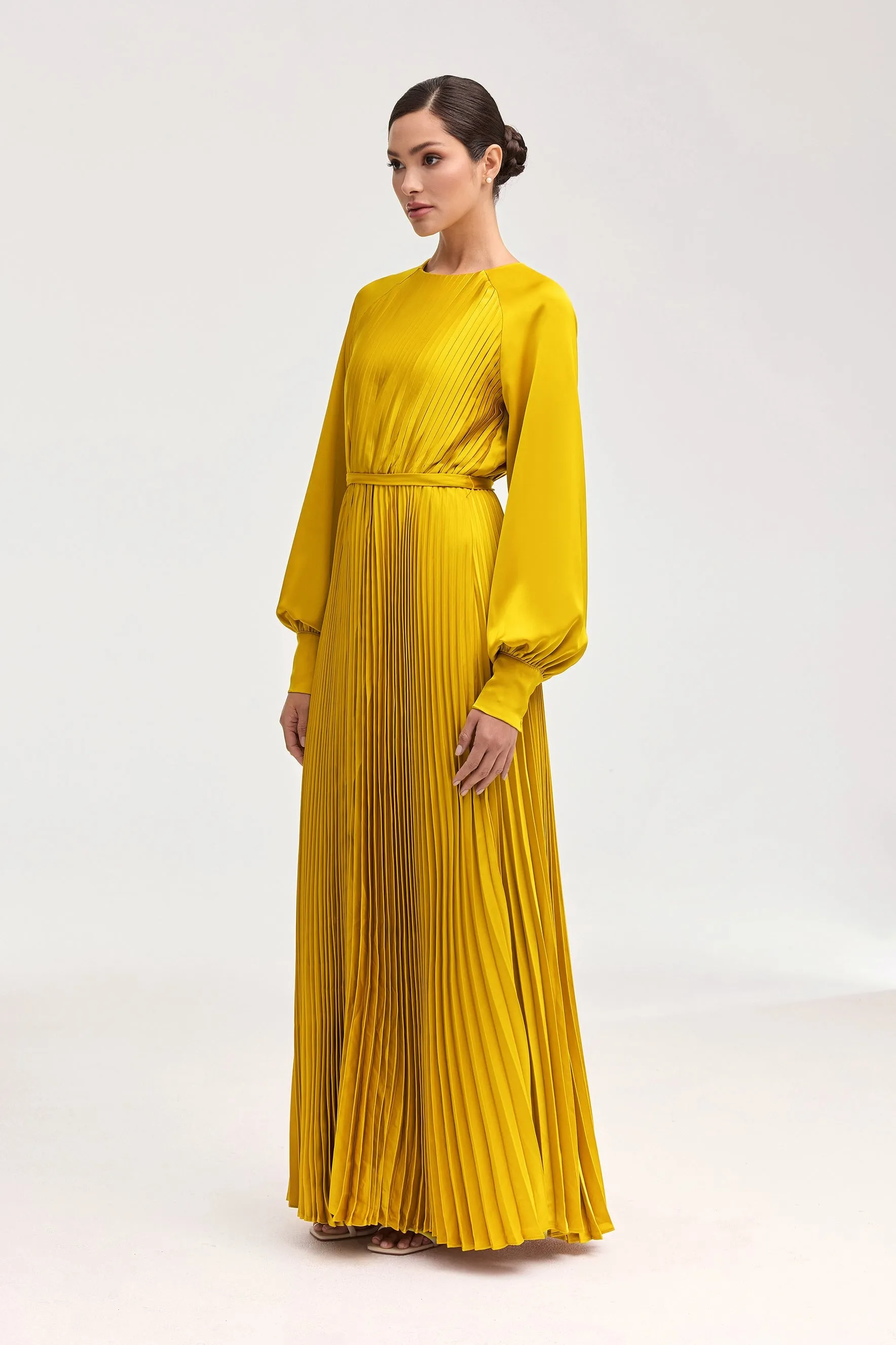 Nadira Satin Pleated Maxi Dress - Honey