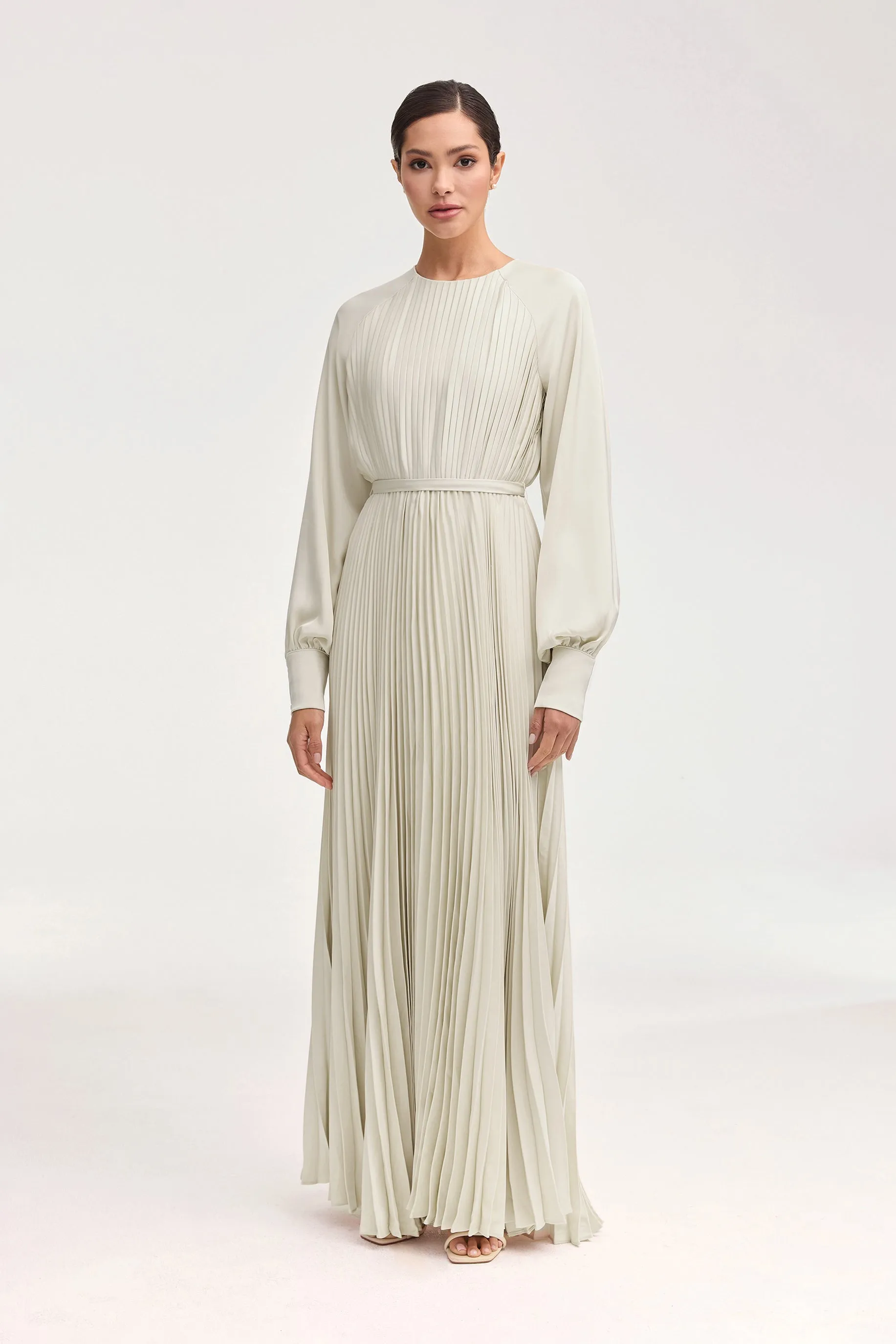 Nadira Satin Pleated Maxi Dress - Pearl