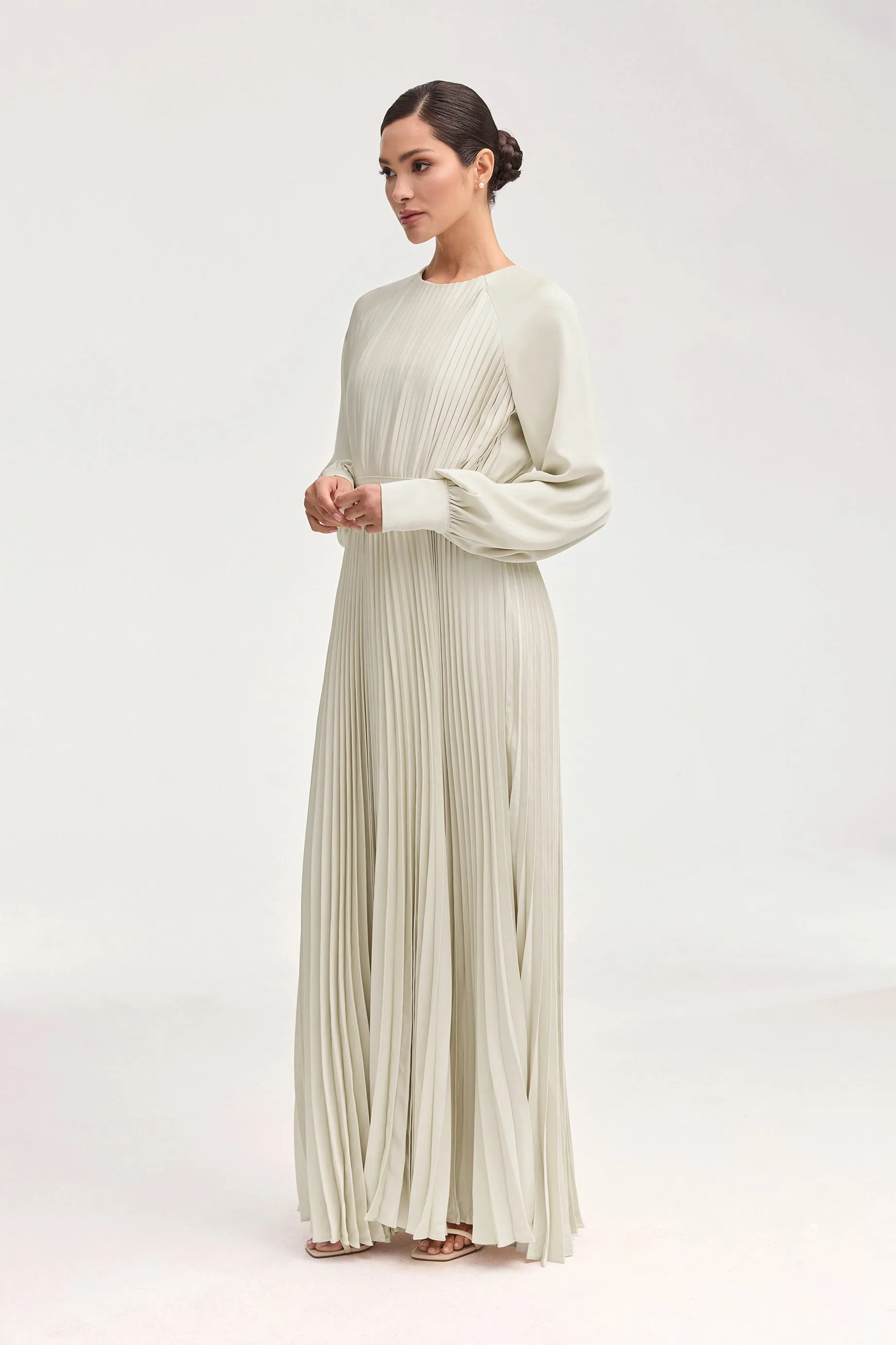 Nadira Satin Pleated Maxi Dress - Pearl