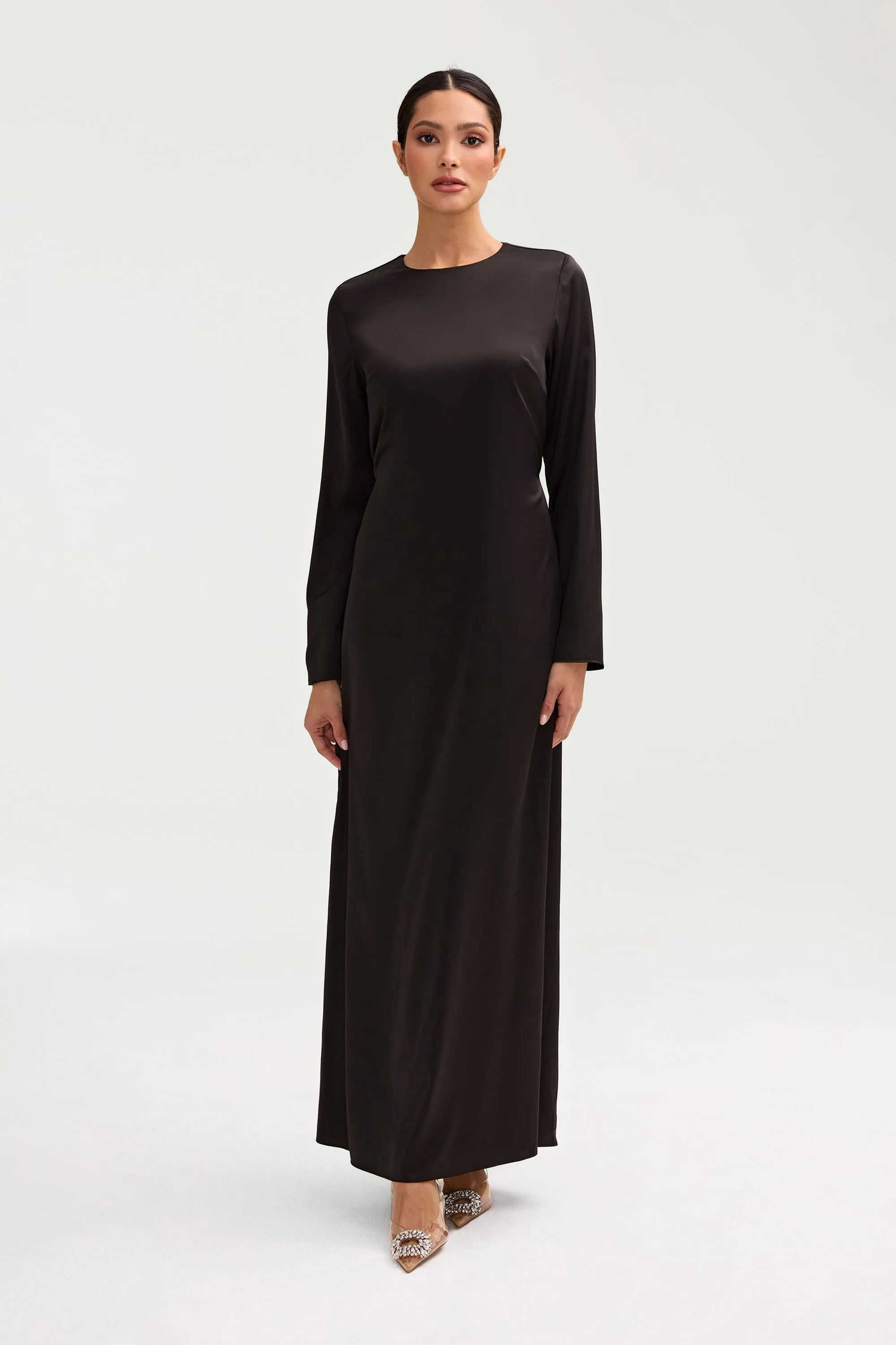 Naila Satin Crystal Maxi Dress - Black