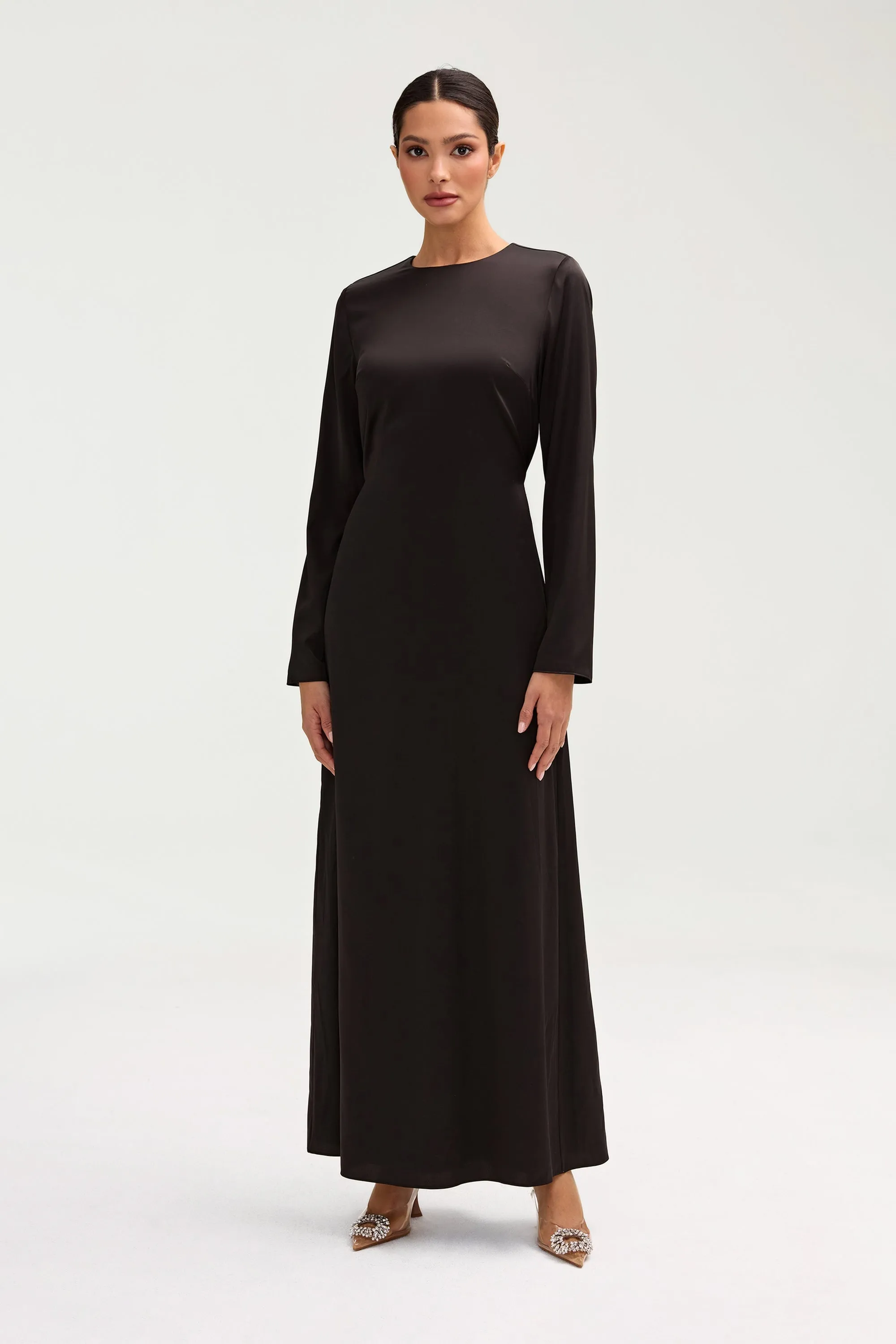 Naila Satin Crystal Maxi Dress - Black