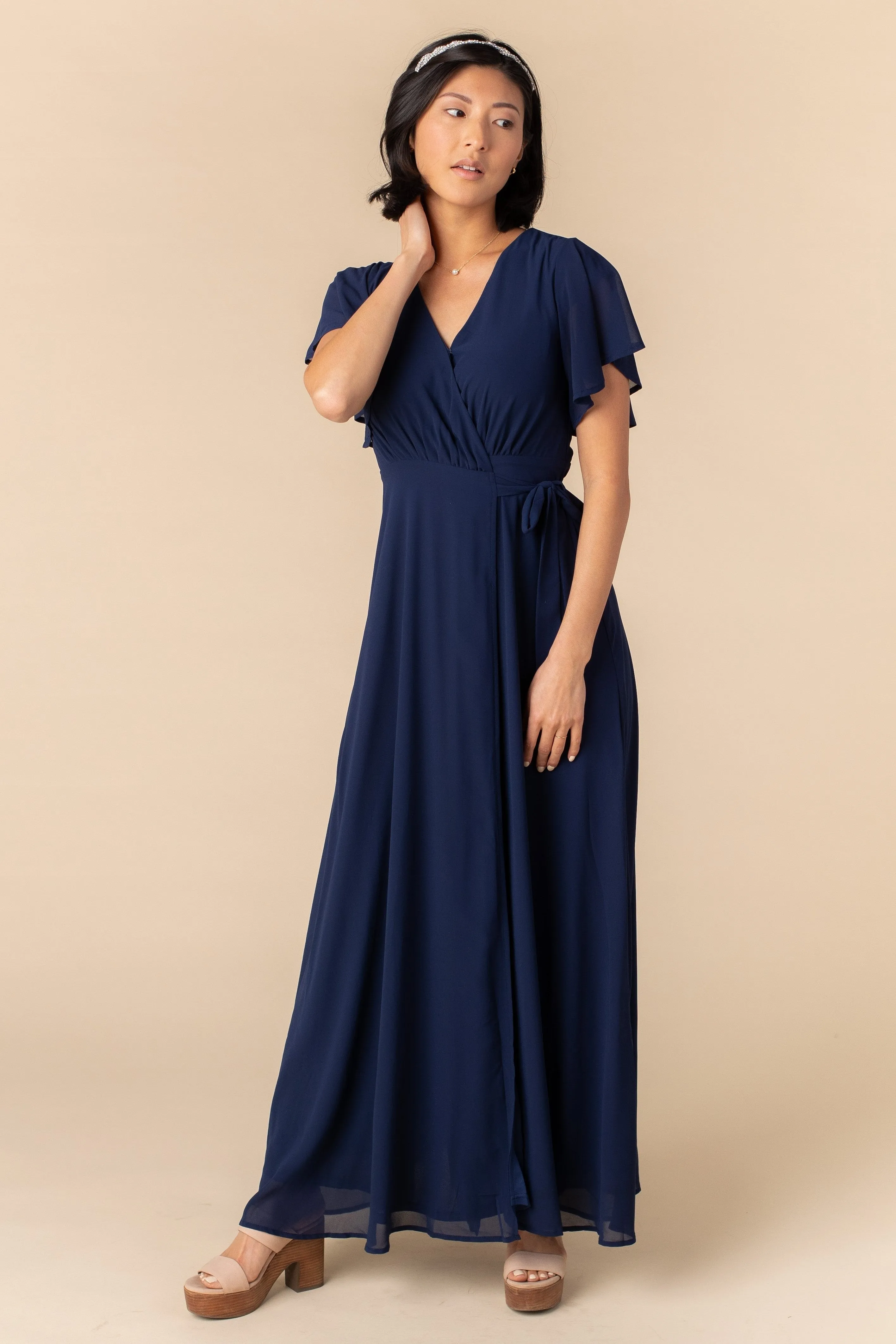 Naples Flutter Sleeve Wrap Maxi - Navy