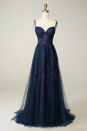 Navy Tulle and Lace Long Prom Dress, Lovely Spaghetti Strap Evening Dress