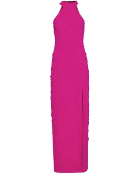 Neon Pink Jacquard Halter Neck Maxi Dress