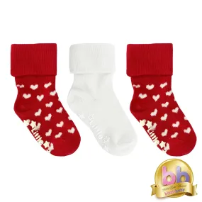 Non-Slip Stay On Baby and Toddler Socks - 3 Pack in Red Hearts & White