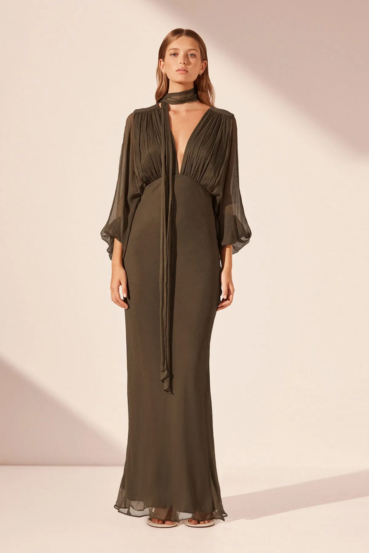 ODEN PLUNGE BALLOON SLEEVE MAXI DRESS - OLIVE