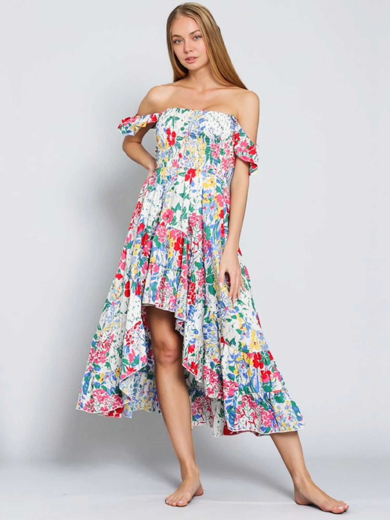 Off-The-Shoulder Floral High-Low Dress - Aakaa