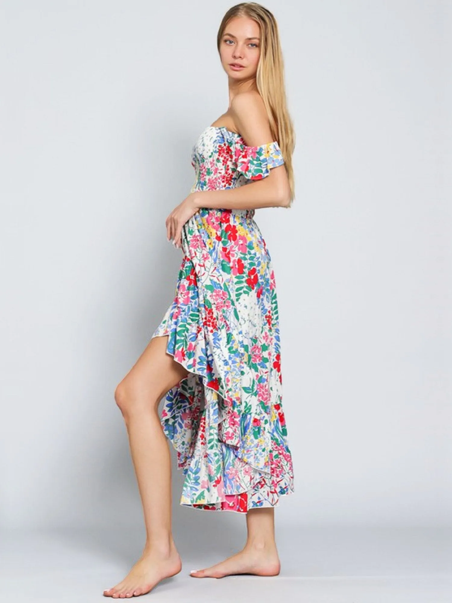 Off-The-Shoulder Floral High-Low Dress - Aakaa