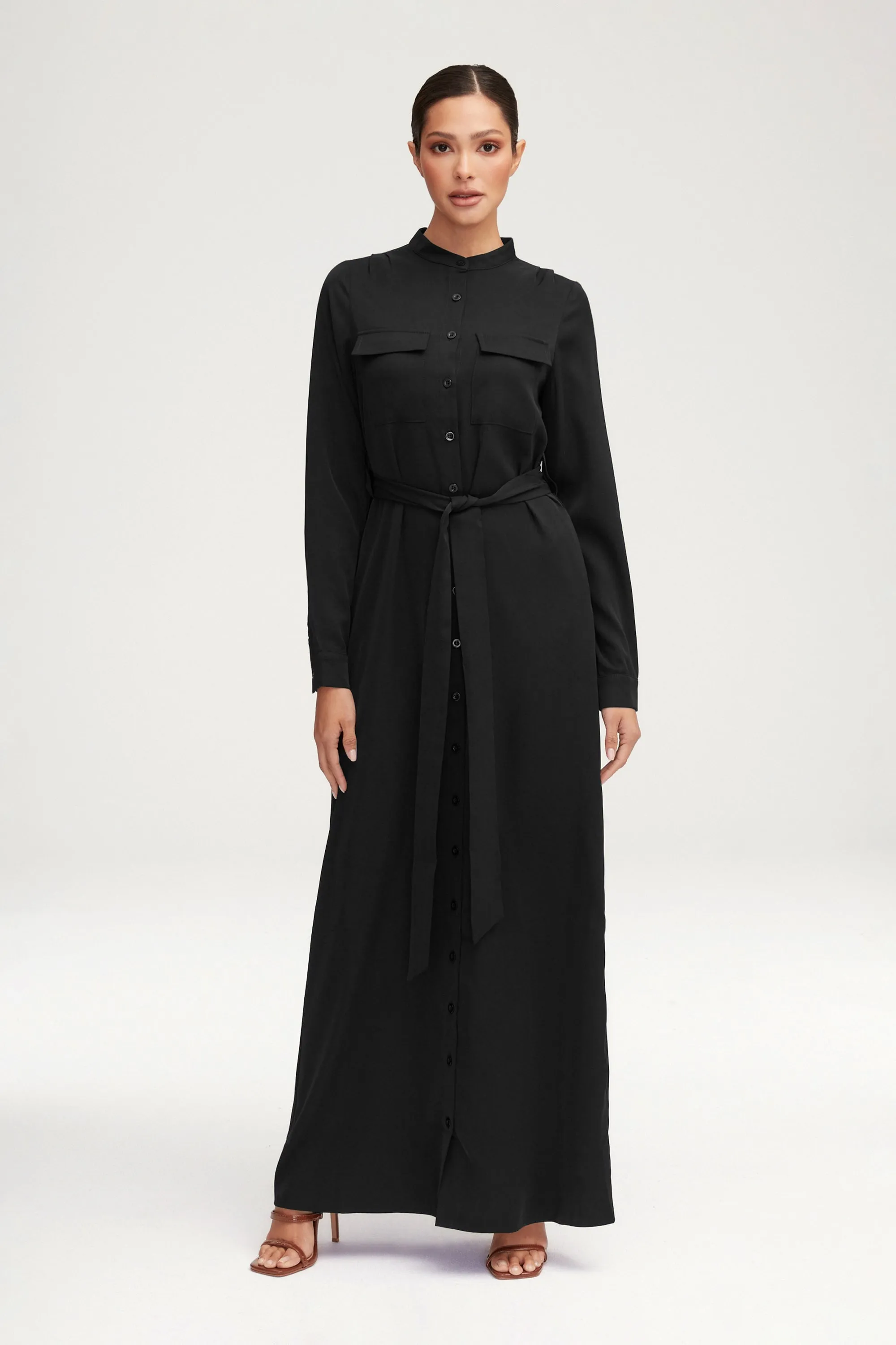 Olivia Button Down Utility Maxi Dress - Black