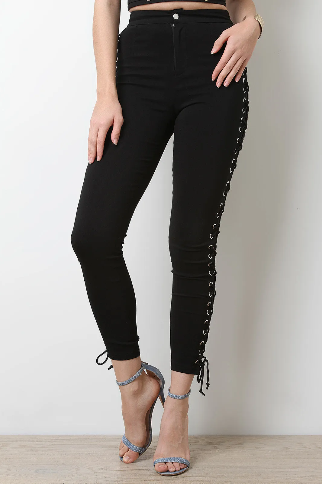 Open Side Grommet Lace-Up Solid Pants