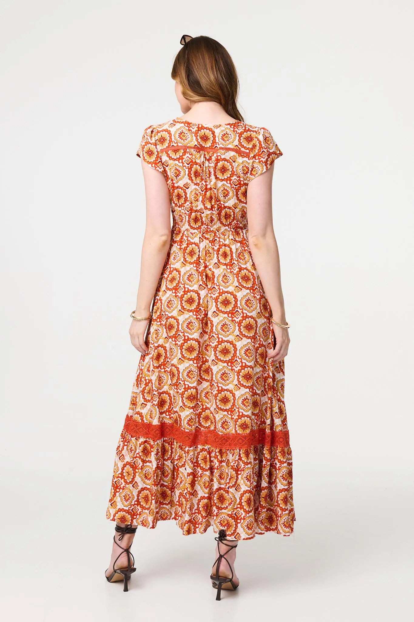 Paisley Cap Sleeve Lace Trim Maxi Dress