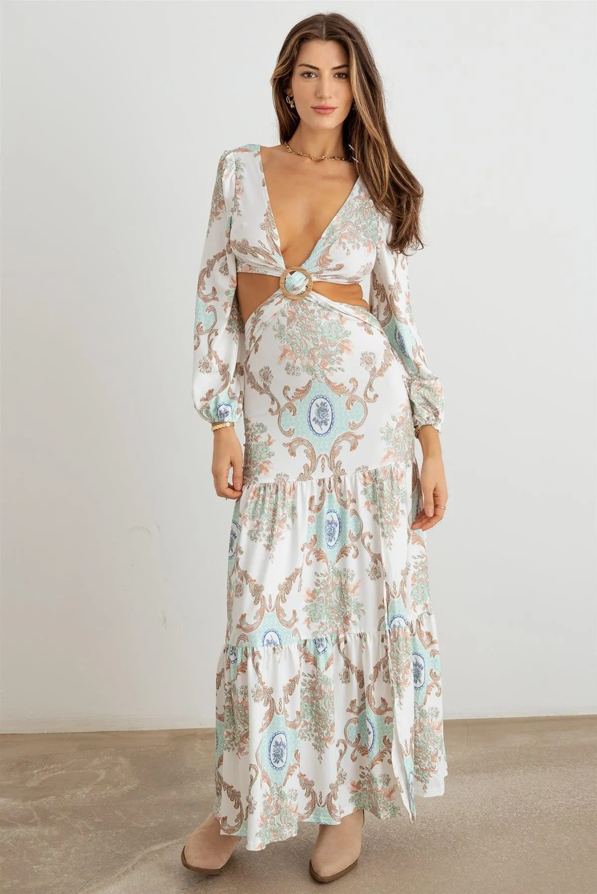 Paisley Criss-Cross O-Ring Open Back Maxi Dress