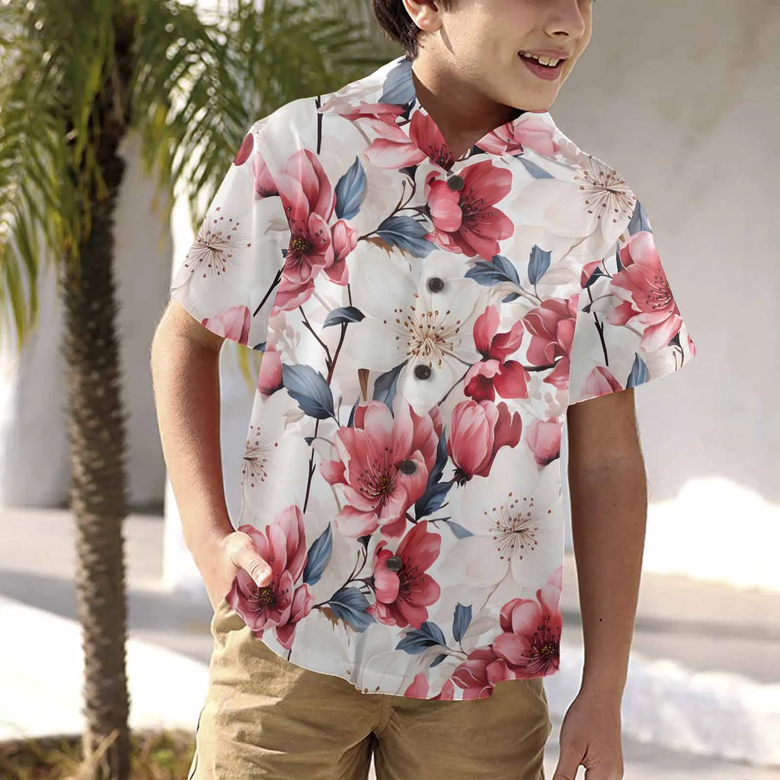 Pink Floral Small  Little Boys Hawaiian Shirt