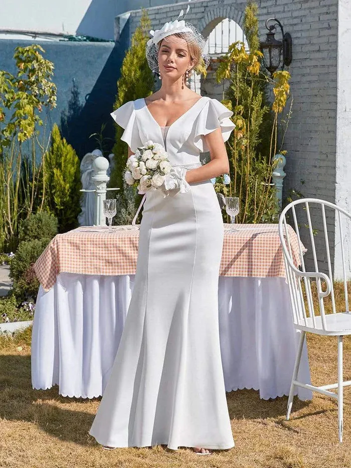 Plain Maxi Fishtail Corset Elopement Wedding Dress with Ruffle Sleeves