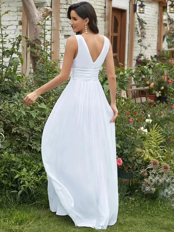 Pleated Sleeveless V-Neck Chiffon Maxi Dress