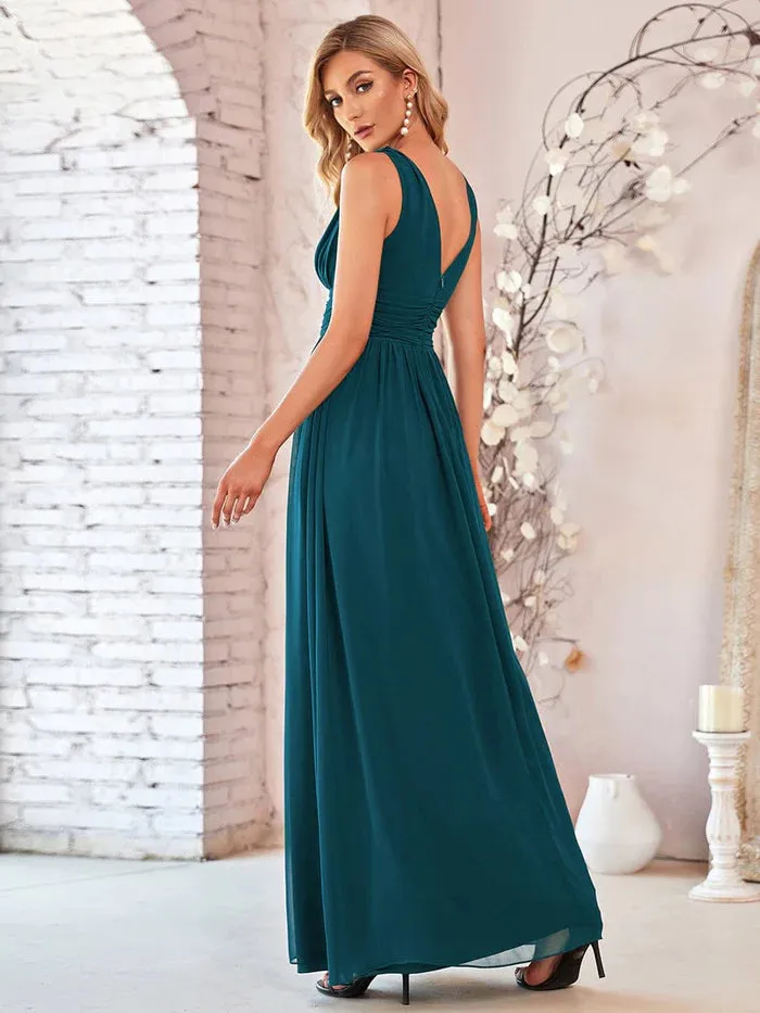 Pleated Sleeveless V-Neck Chiffon Maxi Dress