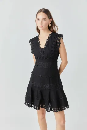 PLUNGING NECK LACE TRIM DRESS