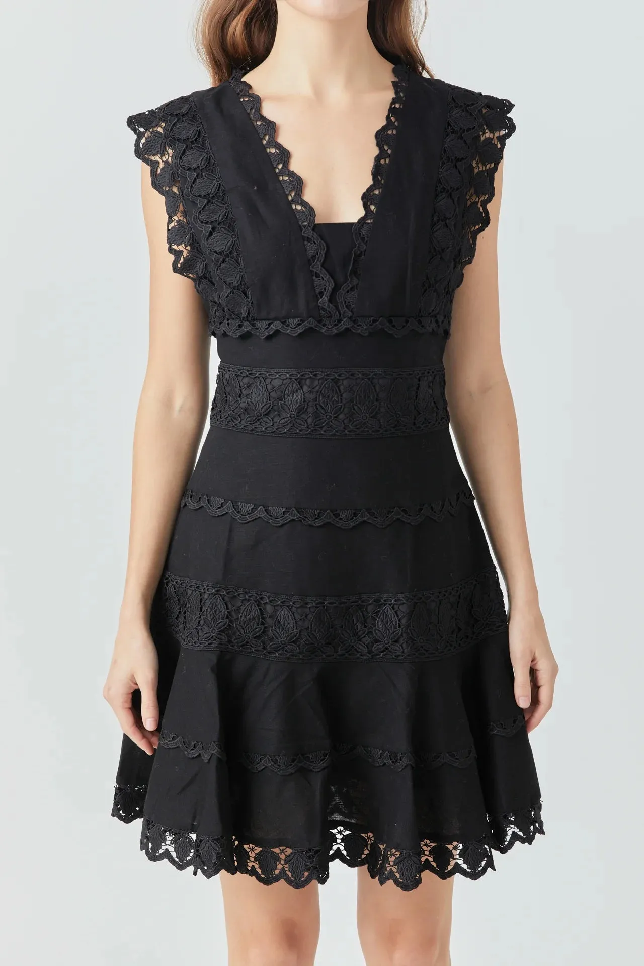 PLUNGING NECK LACE TRIM DRESS