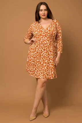 Plus Size 3/4 sleeve Floral Wrap Mini Dress