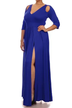 Plus Size Women Full Length V-Neck Cutouts Silted Maxi Dress